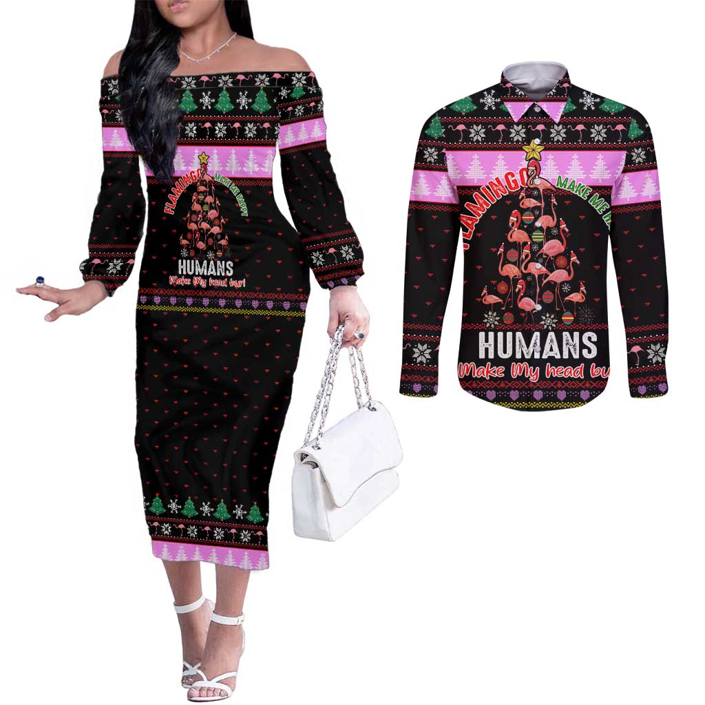 Flamingo Make Me Happy Christmas Couples Matching Off The Shoulder Long Sleeve Dress and Long Sleeve Button Shirt Funny Xmas Holiday Patterns - Wonder Print Shop
