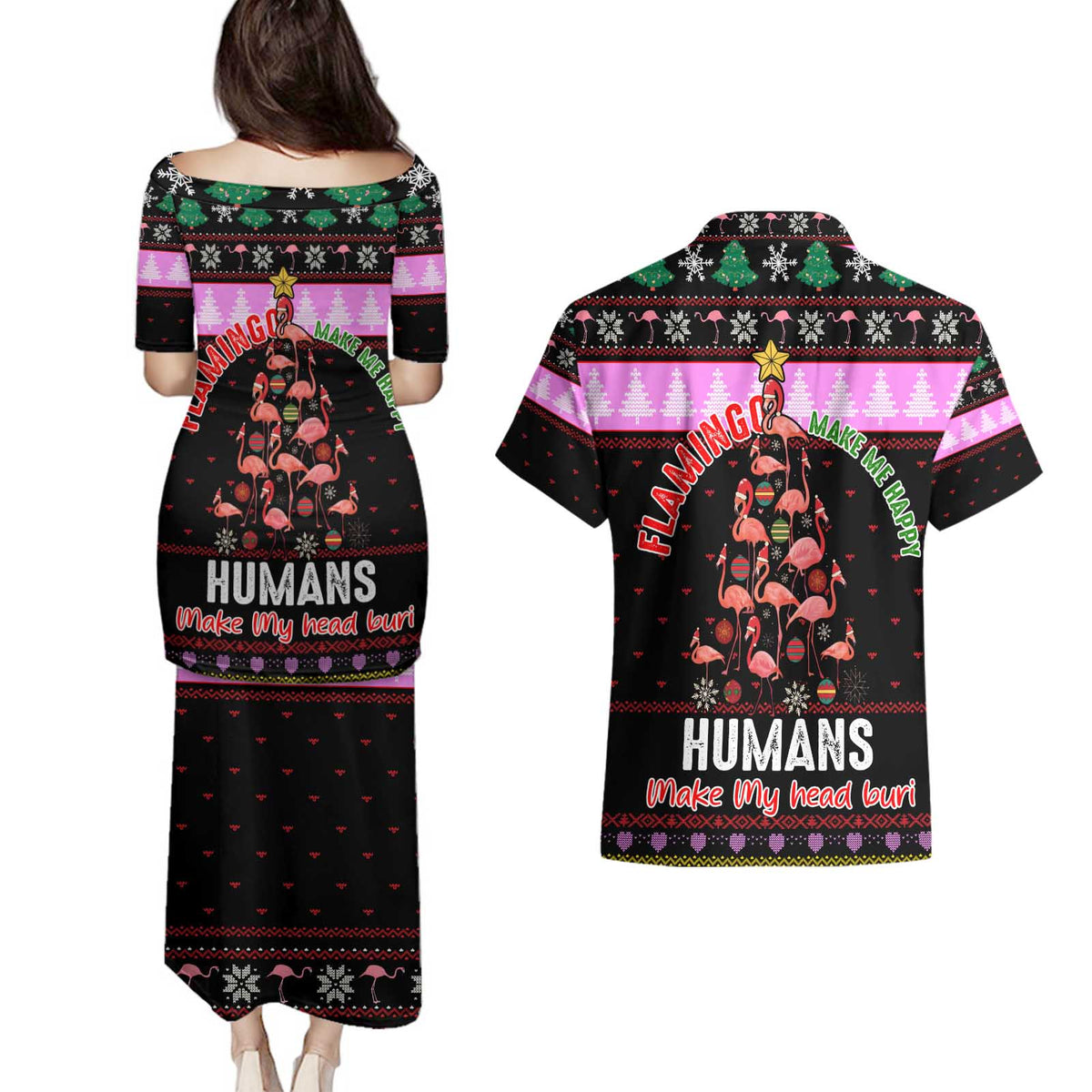 Flamingo Make Me Happy Christmas Couples Matching Puletasi and Hawaiian Shirt Funny Xmas Holiday Patterns - Wonder Print Shop