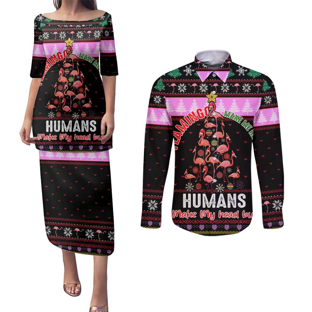 Flamingo Make Me Happy Christmas Couples Matching Puletasi and Long Sleeve Button Shirt Funny Xmas Holiday Patterns - Wonder Print Shop