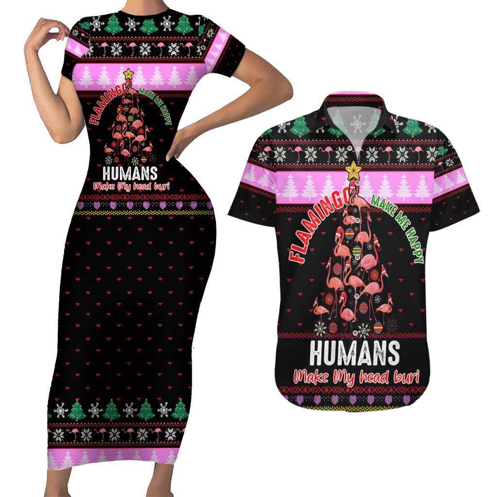 Flamingo Make Me Happy Christmas Couples Matching Short Sleeve Bodycon Dress and Hawaiian Shirt Funny Xmas Holiday Patterns - Wonder Print Shop