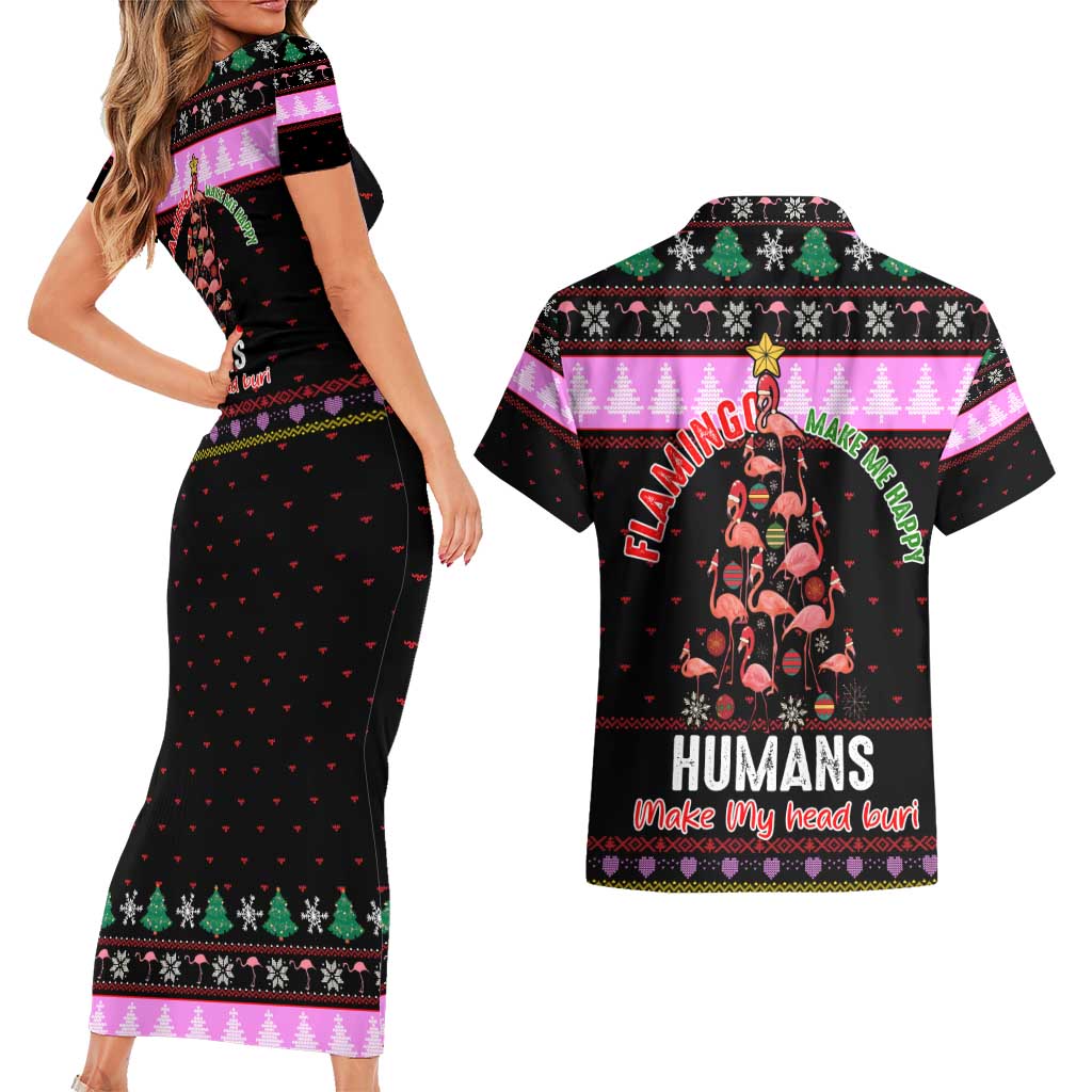 Flamingo Make Me Happy Christmas Couples Matching Short Sleeve Bodycon Dress and Hawaiian Shirt Funny Xmas Holiday Patterns - Wonder Print Shop