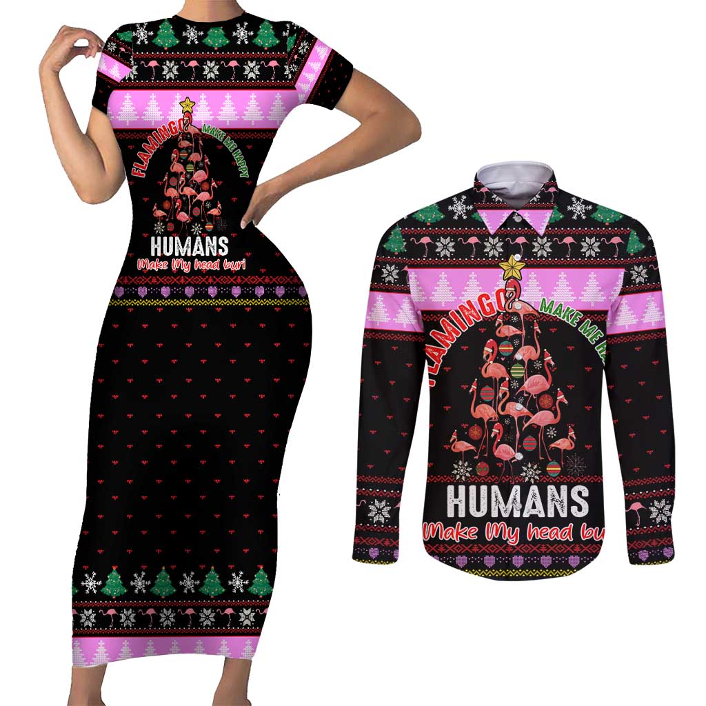 Flamingo Make Me Happy Christmas Couples Matching Short Sleeve Bodycon Dress and Long Sleeve Button Shirt Funny Xmas Holiday Patterns - Wonder Print Shop