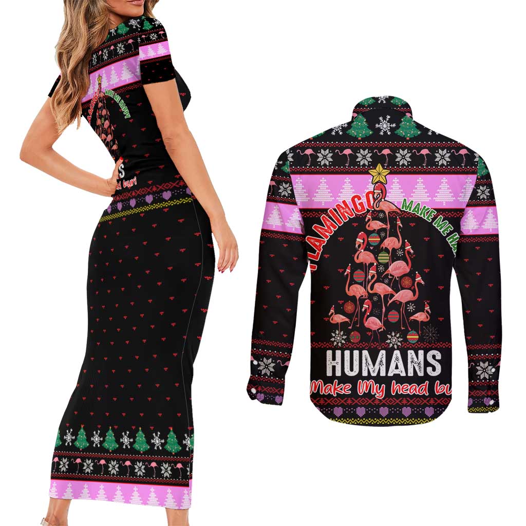 Flamingo Make Me Happy Christmas Couples Matching Short Sleeve Bodycon Dress and Long Sleeve Button Shirt Funny Xmas Holiday Patterns - Wonder Print Shop
