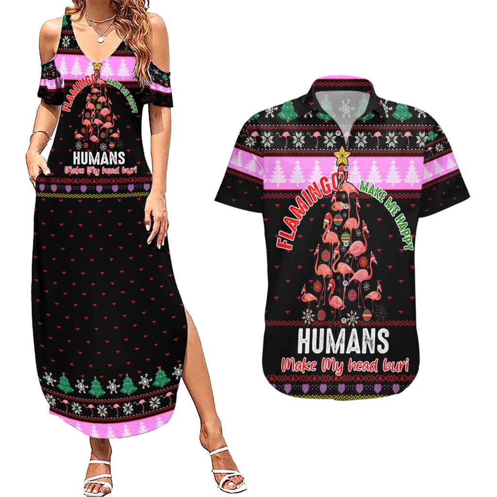 Flamingo Make Me Happy Christmas Couples Matching Summer Maxi Dress and Hawaiian Shirt Funny Xmas Holiday Patterns - Wonder Print Shop