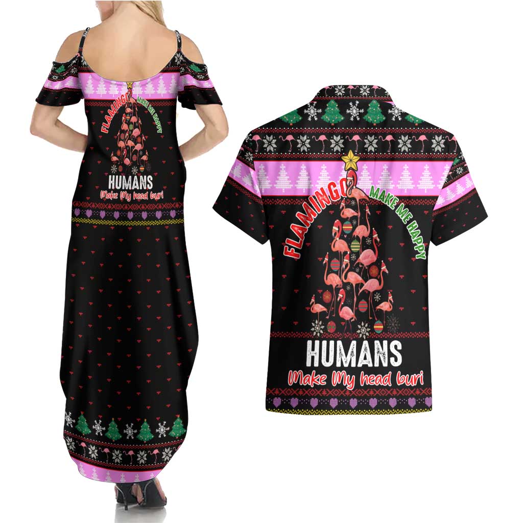 Flamingo Make Me Happy Christmas Couples Matching Summer Maxi Dress and Hawaiian Shirt Funny Xmas Holiday Patterns - Wonder Print Shop