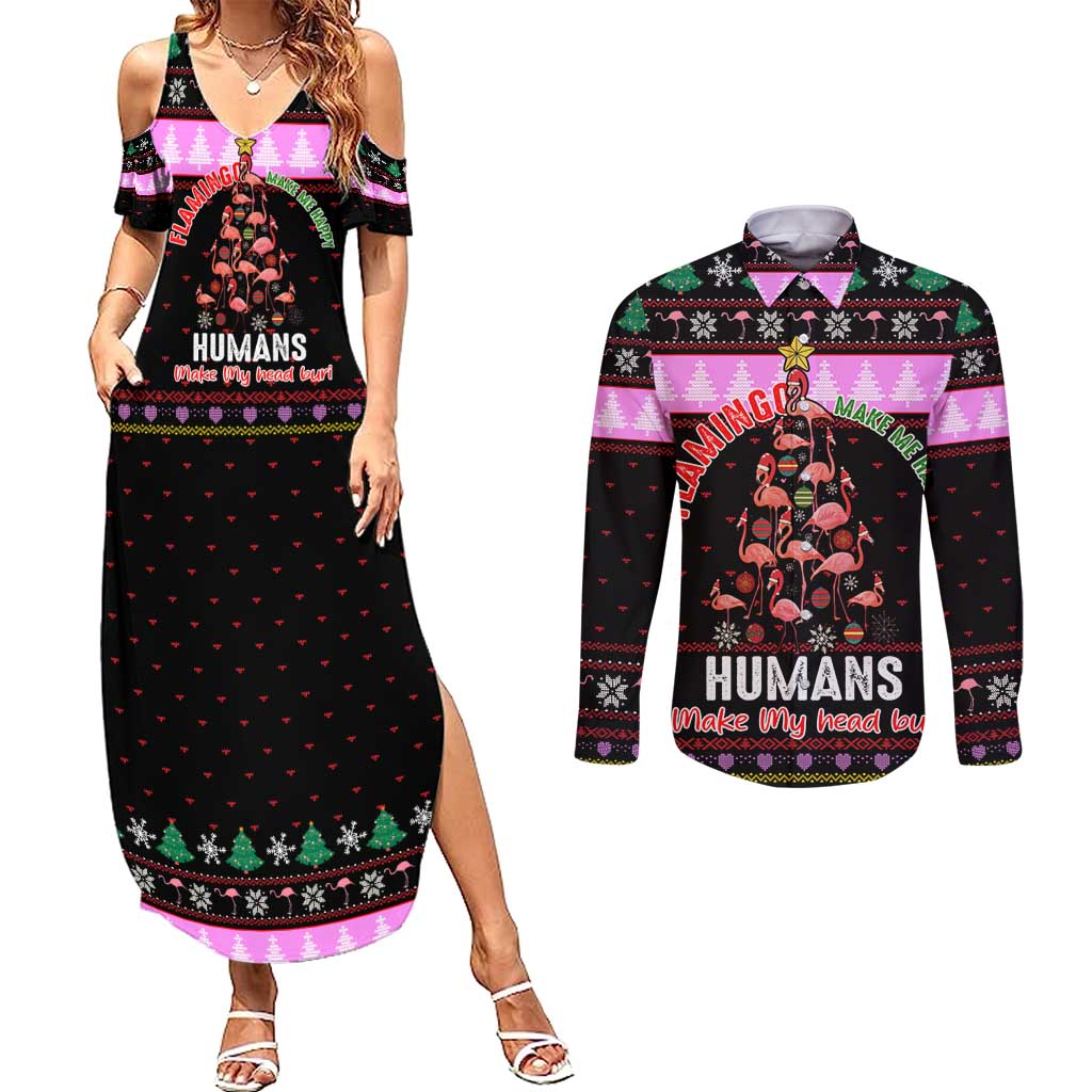 Flamingo Make Me Happy Christmas Couples Matching Summer Maxi Dress and Long Sleeve Button Shirt Funny Xmas Holiday Patterns - Wonder Print Shop