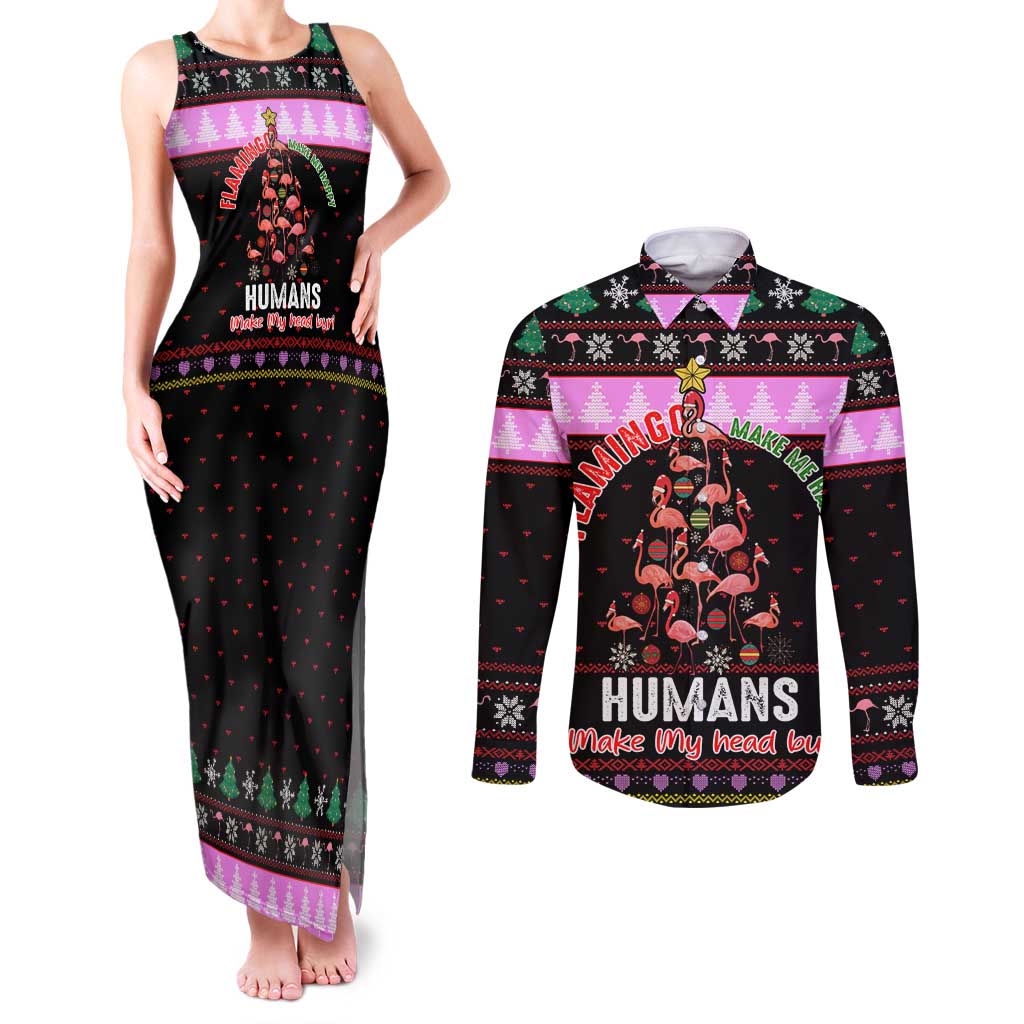 Flamingo Make Me Happy Christmas Couples Matching Tank Maxi Dress and Long Sleeve Button Shirt Funny Xmas Holiday Patterns - Wonder Print Shop