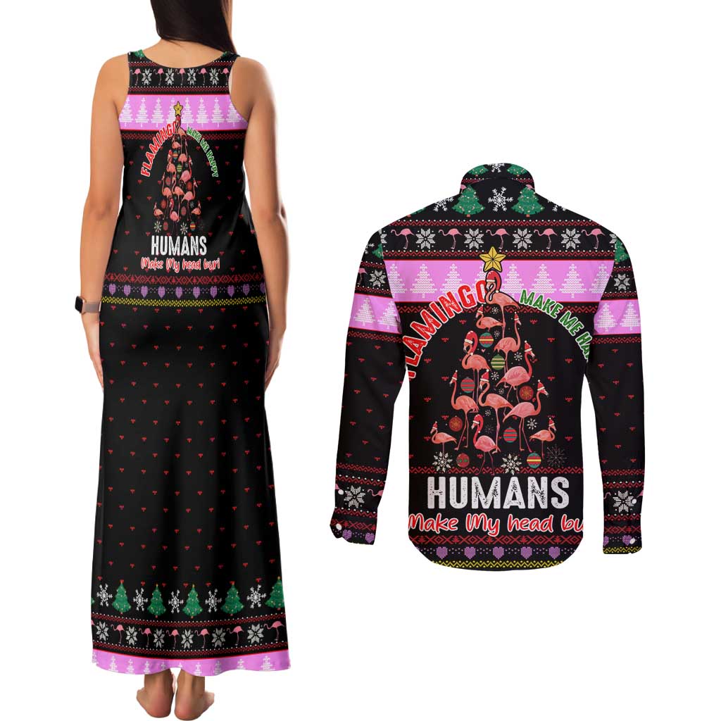 Flamingo Make Me Happy Christmas Couples Matching Tank Maxi Dress and Long Sleeve Button Shirt Funny Xmas Holiday Patterns - Wonder Print Shop
