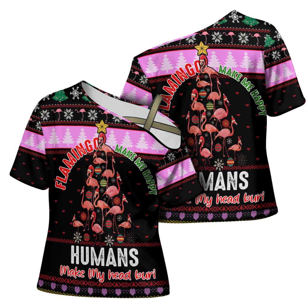 Flamingo Make Me Happy Christmas Cross Shoulder Shirt Funny Xmas Holiday Patterns - Wonder Print Shop