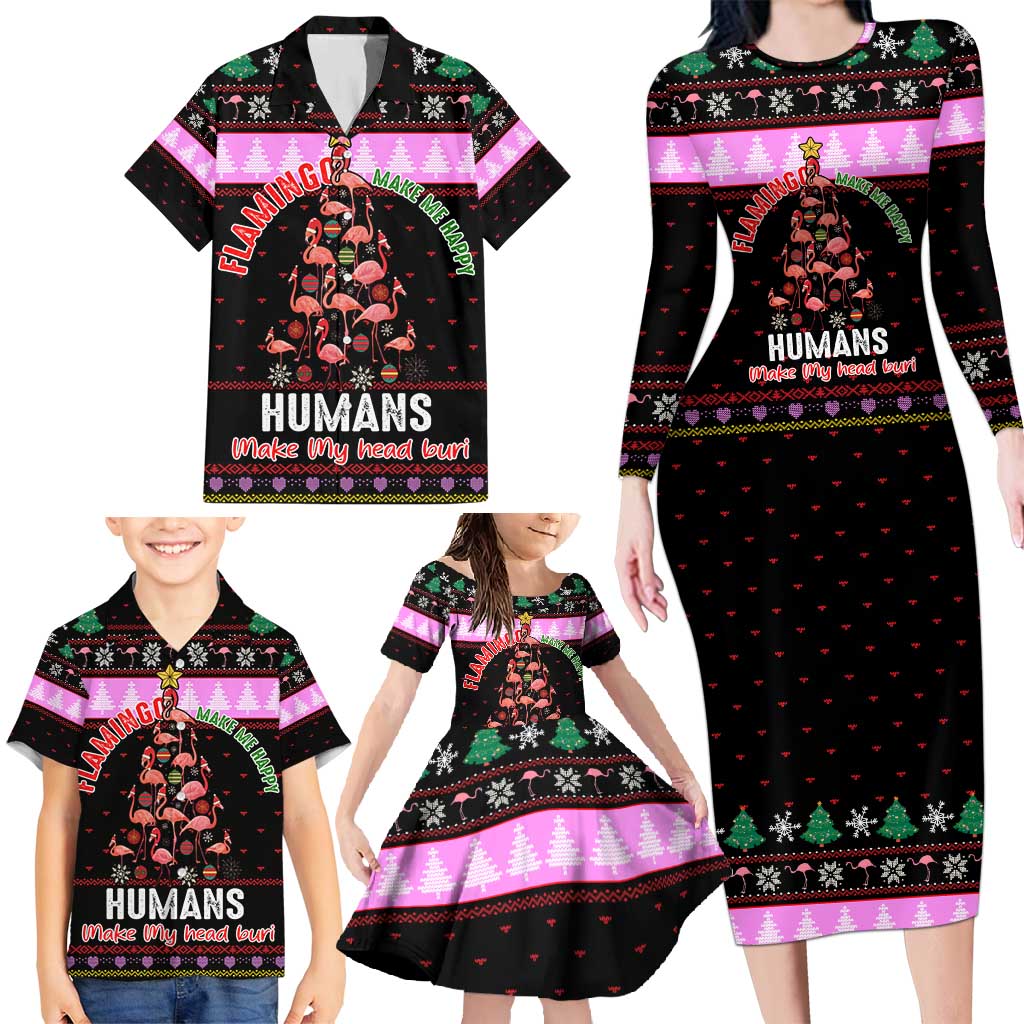 Flamingo Make Me Happy Christmas Family Matching Long Sleeve Bodycon Dress and Hawaiian Shirt Funny Xmas Holiday Patterns - Wonder Print Shop