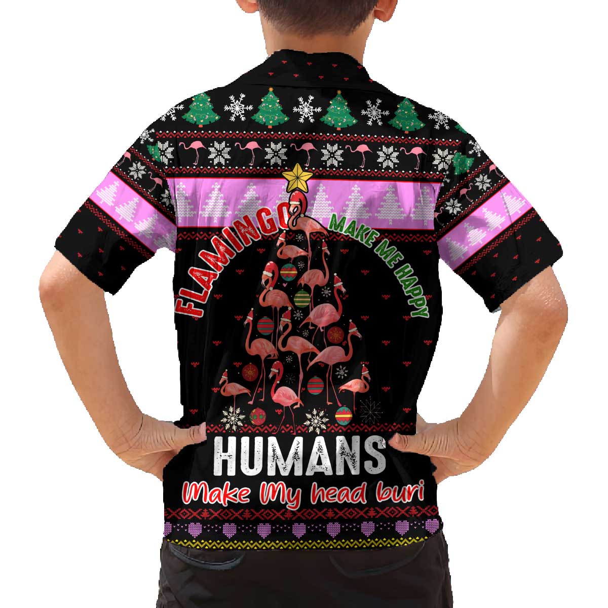 Flamingo Make Me Happy Christmas Family Matching Off The Shoulder Long Sleeve Dress and Hawaiian Shirt Funny Xmas Holiday Patterns - Wonder Print Shop