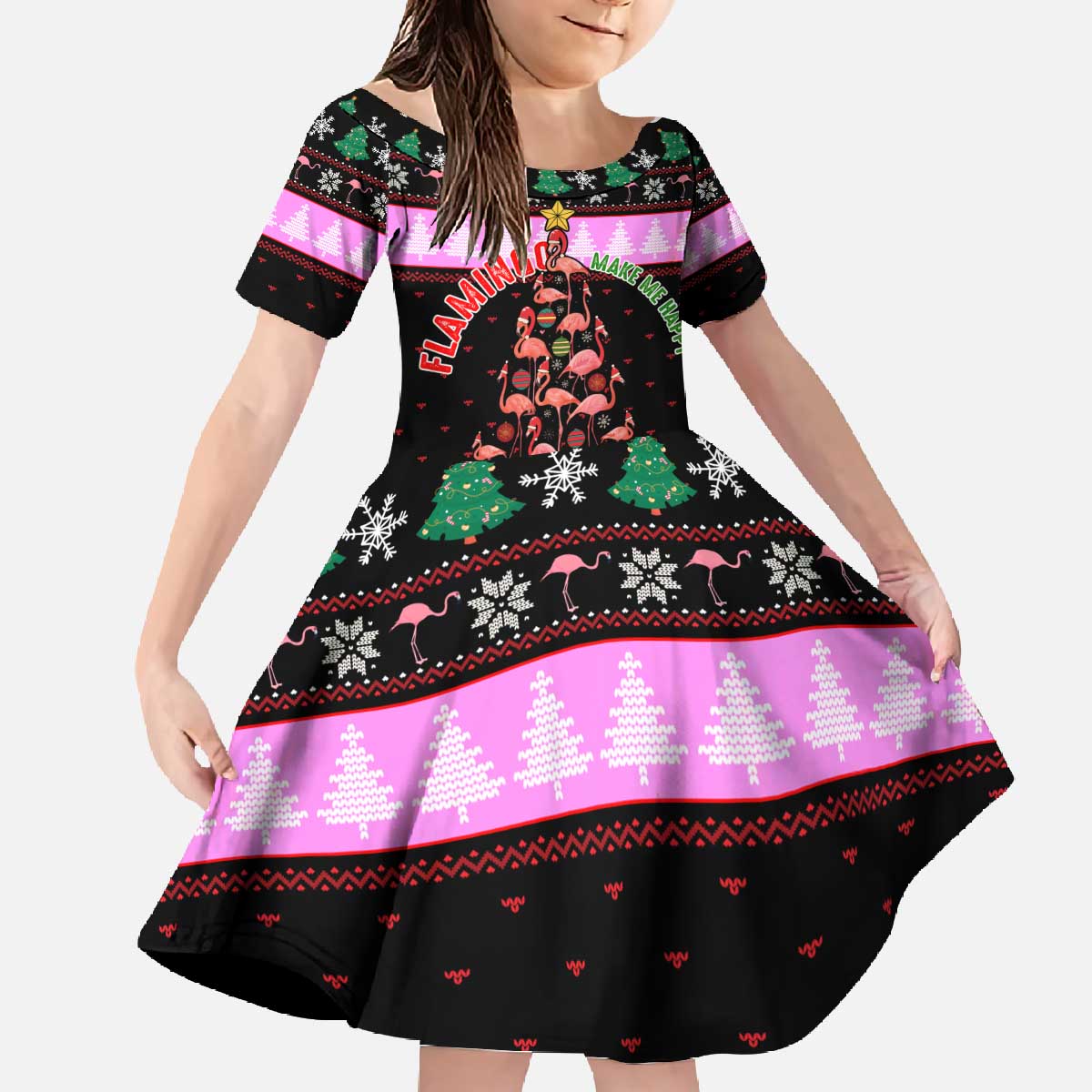 Flamingo Make Me Happy Christmas Family Matching Off The Shoulder Long Sleeve Dress and Hawaiian Shirt Funny Xmas Holiday Patterns - Wonder Print Shop