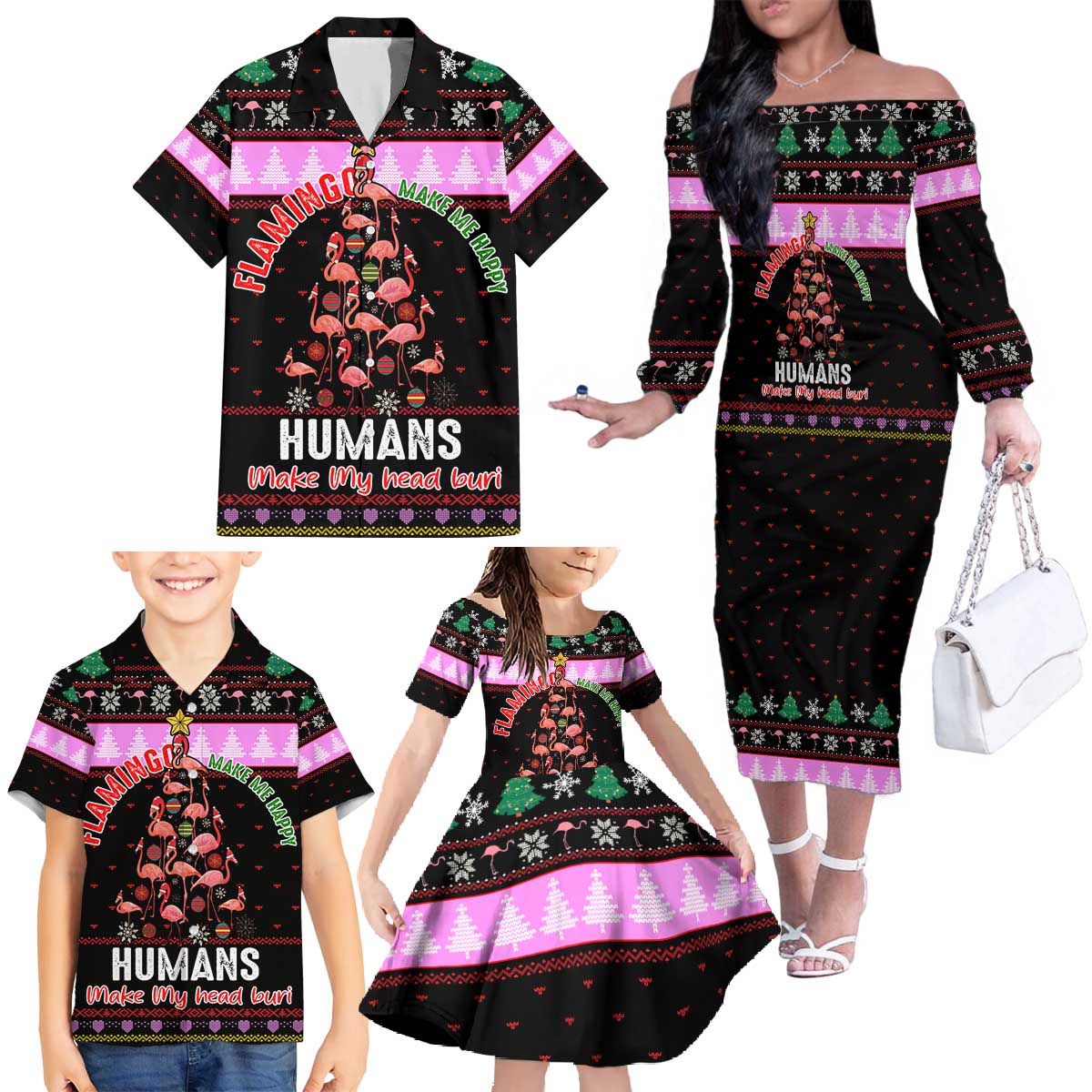 Flamingo Make Me Happy Christmas Family Matching Off The Shoulder Long Sleeve Dress and Hawaiian Shirt Funny Xmas Holiday Patterns - Wonder Print Shop