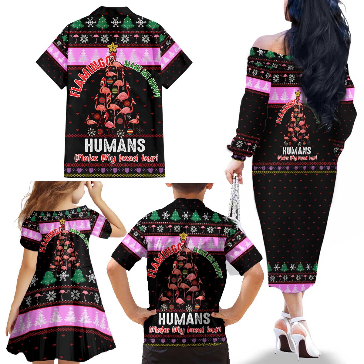 Flamingo Make Me Happy Christmas Family Matching Off The Shoulder Long Sleeve Dress and Hawaiian Shirt Funny Xmas Holiday Patterns - Wonder Print Shop