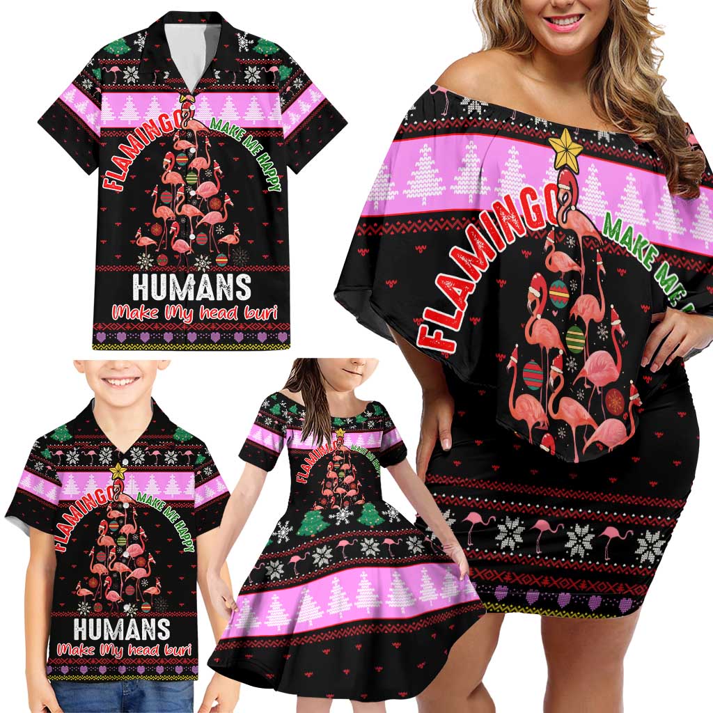 Flamingo Make Me Happy Christmas Family Matching Off Shoulder Short Dress and Hawaiian Shirt Funny Xmas Holiday Patterns - Wonder Print Shop