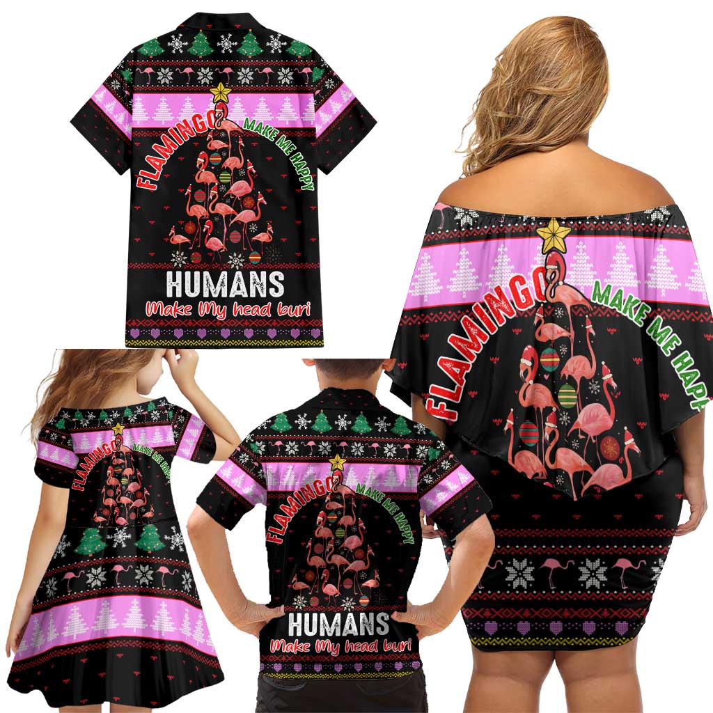Flamingo Make Me Happy Christmas Family Matching Off Shoulder Short Dress and Hawaiian Shirt Funny Xmas Holiday Patterns - Wonder Print Shop