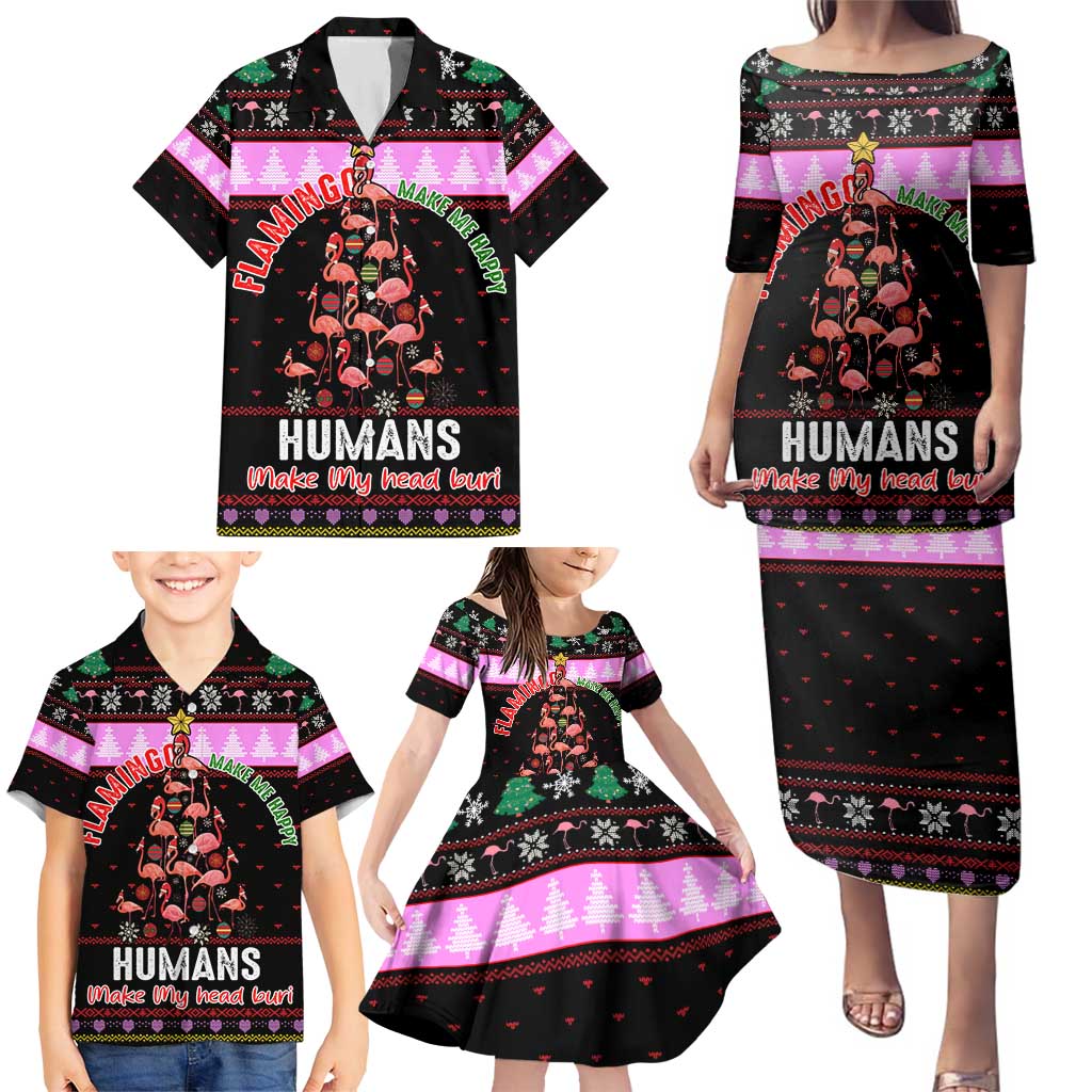Flamingo Make Me Happy Christmas Family Matching Puletasi and Hawaiian Shirt Funny Xmas Holiday Patterns - Wonder Print Shop