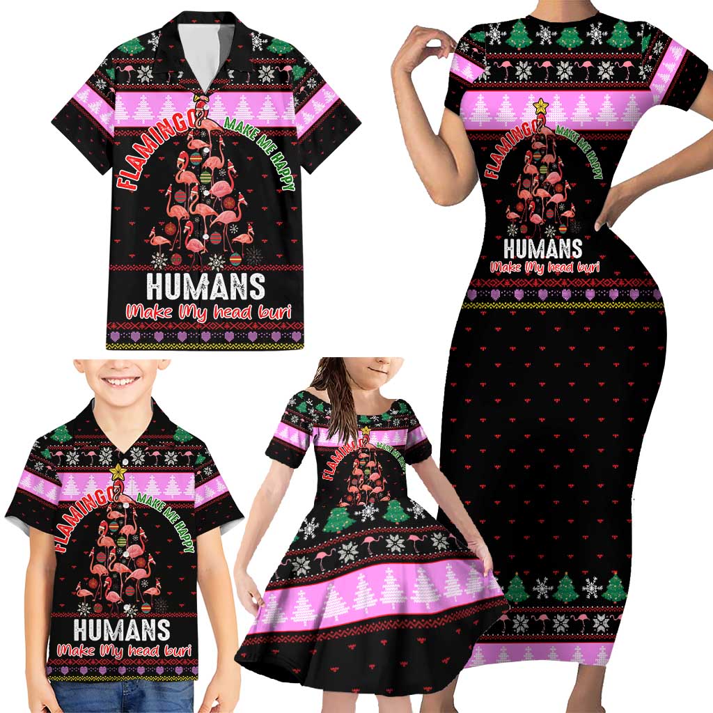 Flamingo Make Me Happy Christmas Family Matching Short Sleeve Bodycon Dress and Hawaiian Shirt Funny Xmas Holiday Patterns - Wonder Print Shop