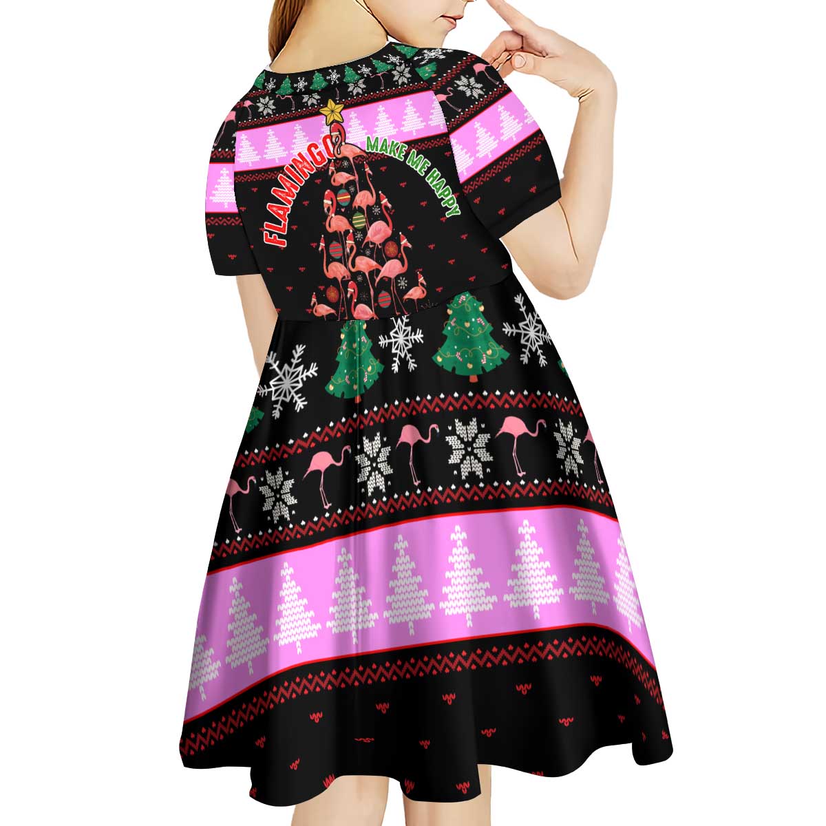 Flamingo Make Me Happy Christmas Kid Short Sleeve Dress Funny Xmas Holiday Patterns - Wonder Print Shop