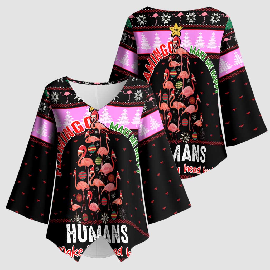 Flamingo Make Me Happy Christmas Kimono Sleeve Blouse Funny Xmas Holiday Patterns - Wonder Print Shop
