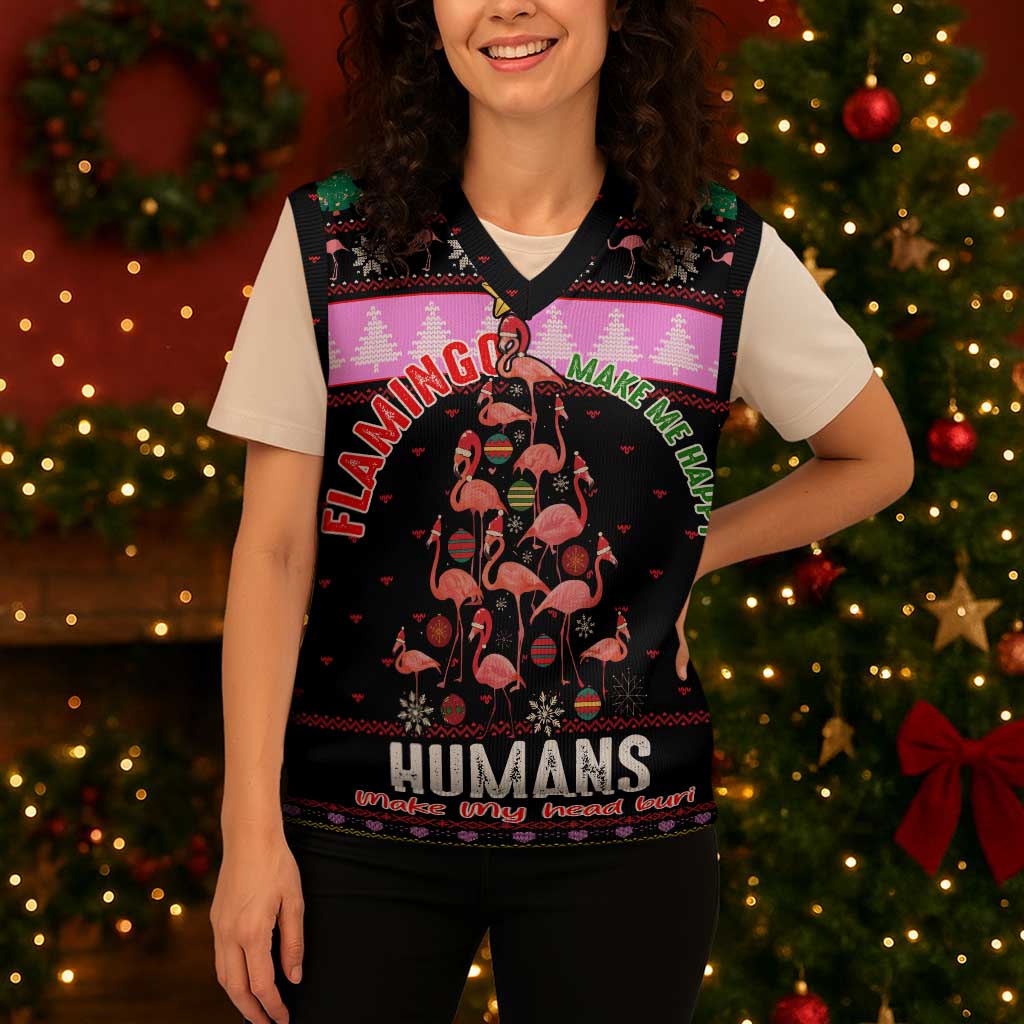 Flamingo Make Me Happy Christmas Knitted V-Neck Vest Funny Xmas Holiday Patterns - Wonder Print Shop
