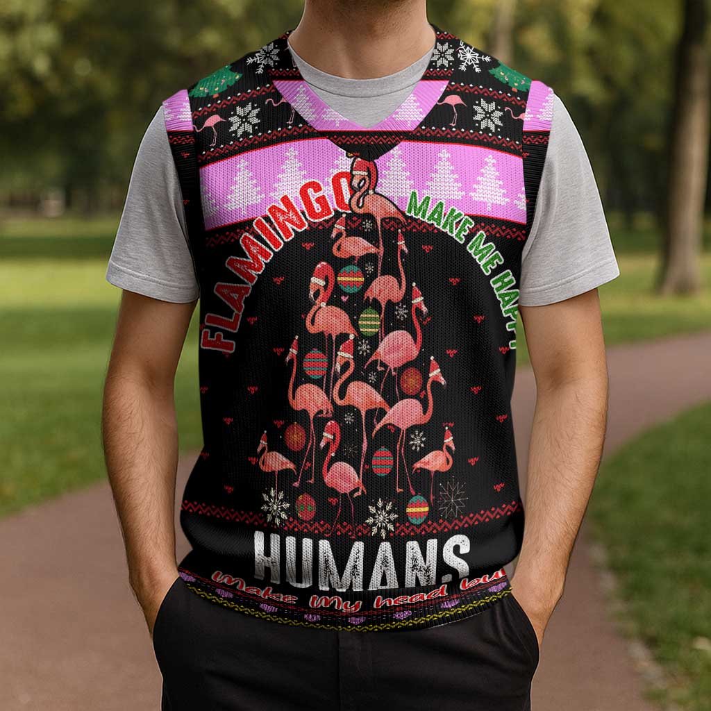 Flamingo Make Me Happy Christmas Knitted V-Neck Vest Funny Xmas Holiday Patterns - Wonder Print Shop
