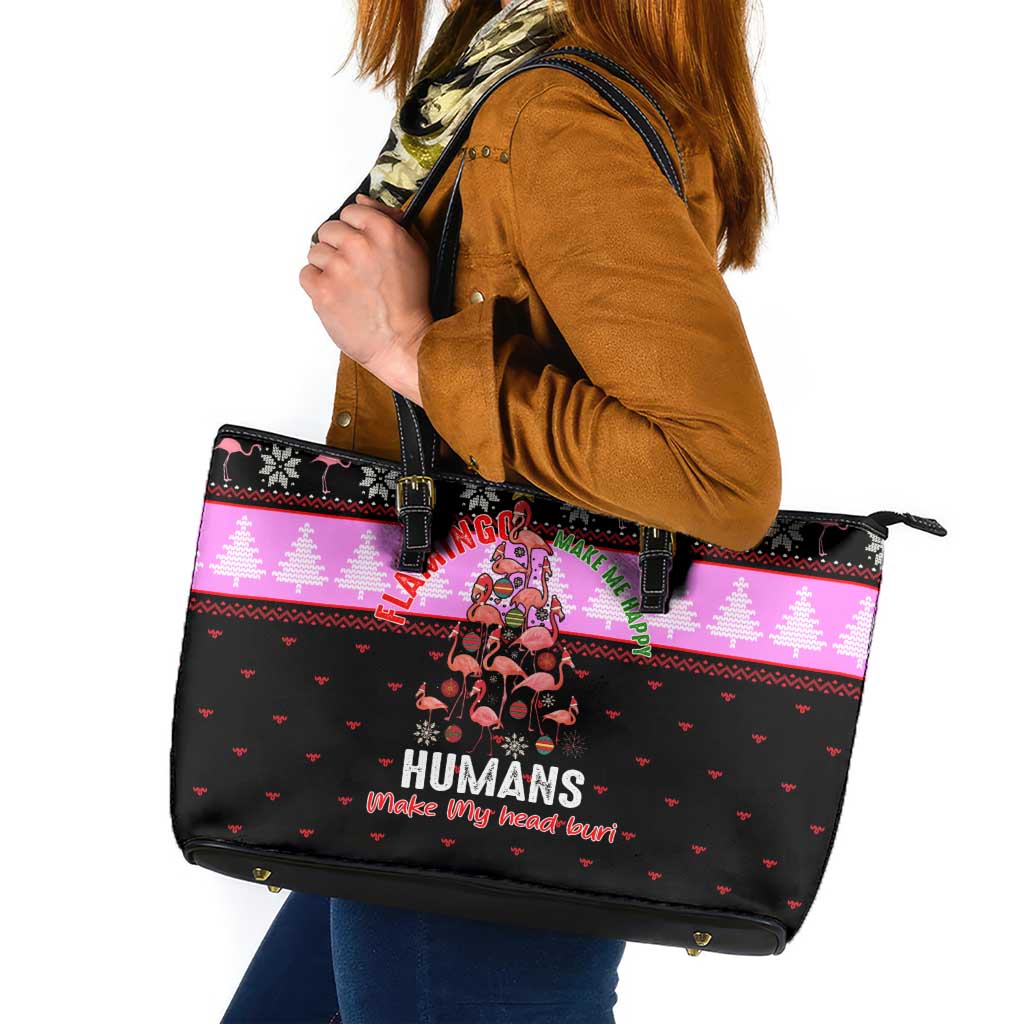 Flamingo Make Me Happy Christmas Leather Tote Bag Funny Xmas Holiday Patterns - Wonder Print Shop