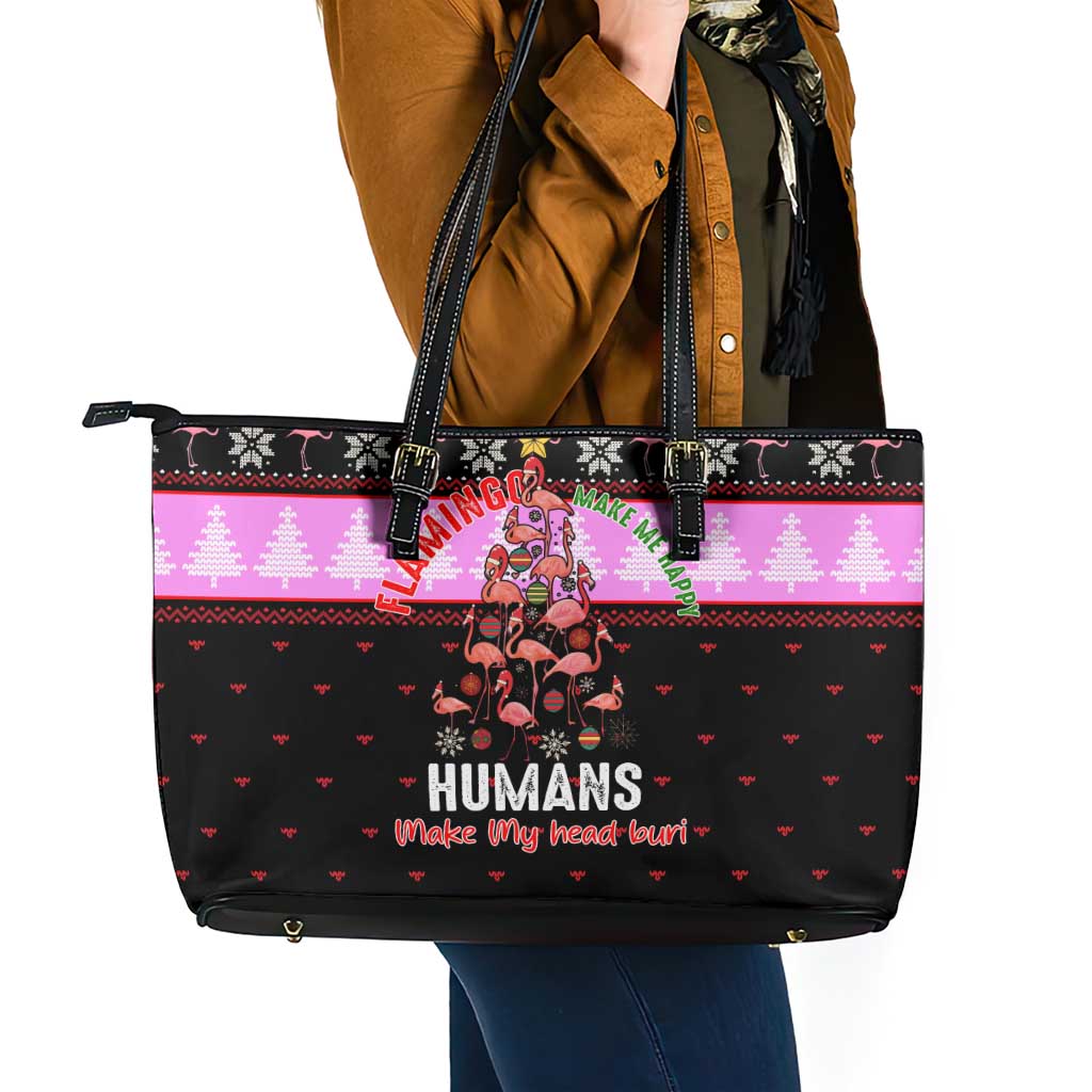 Flamingo Make Me Happy Christmas Leather Tote Bag Funny Xmas Holiday Patterns - Wonder Print Shop