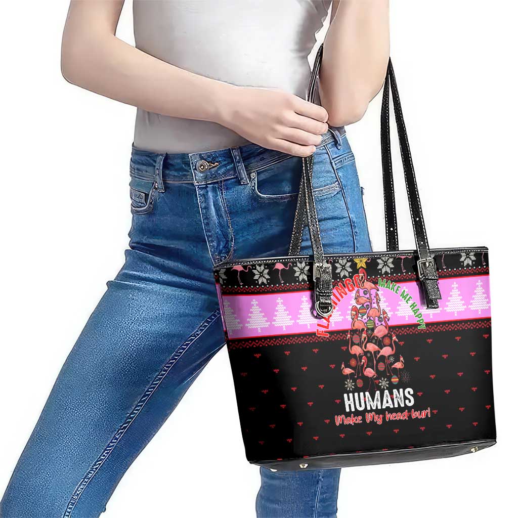 Flamingo Make Me Happy Christmas Leather Tote Bag Funny Xmas Holiday Patterns - Wonder Print Shop
