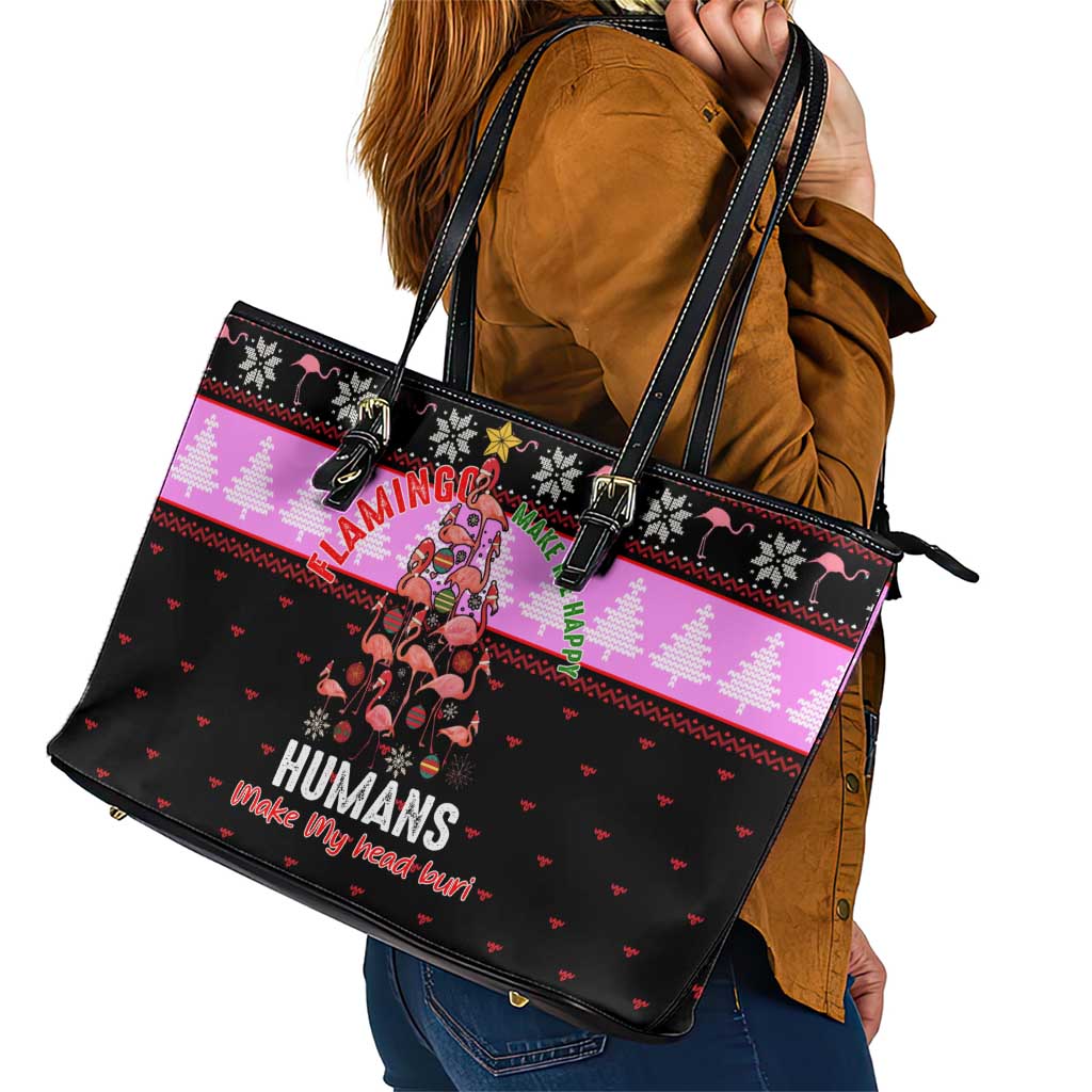 Flamingo Make Me Happy Christmas Leather Tote Bag Funny Xmas Holiday Patterns - Wonder Print Shop