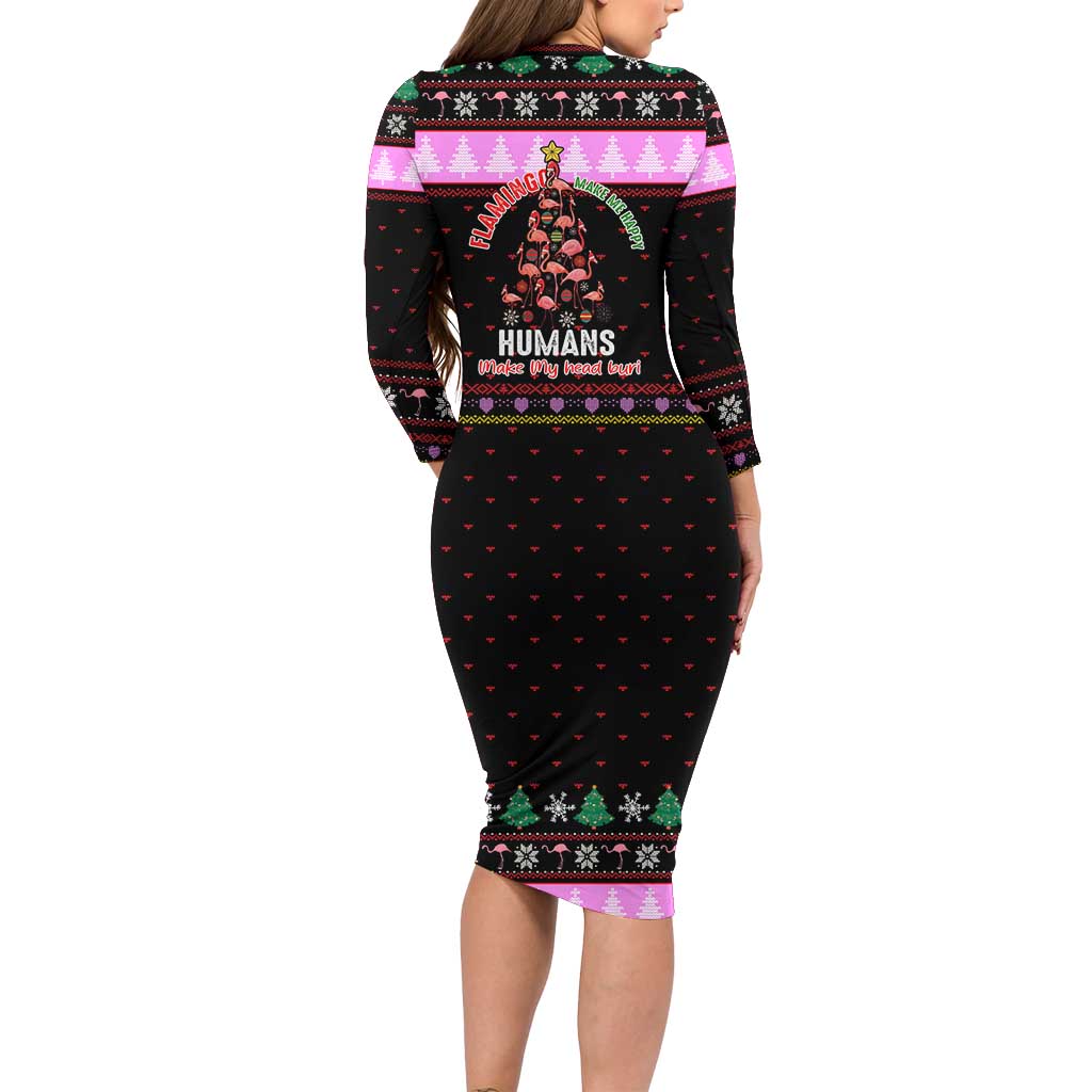 Flamingo Make Me Happy Christmas Long Sleeve Bodycon Dress Funny Xmas Holiday Patterns - Wonder Print Shop