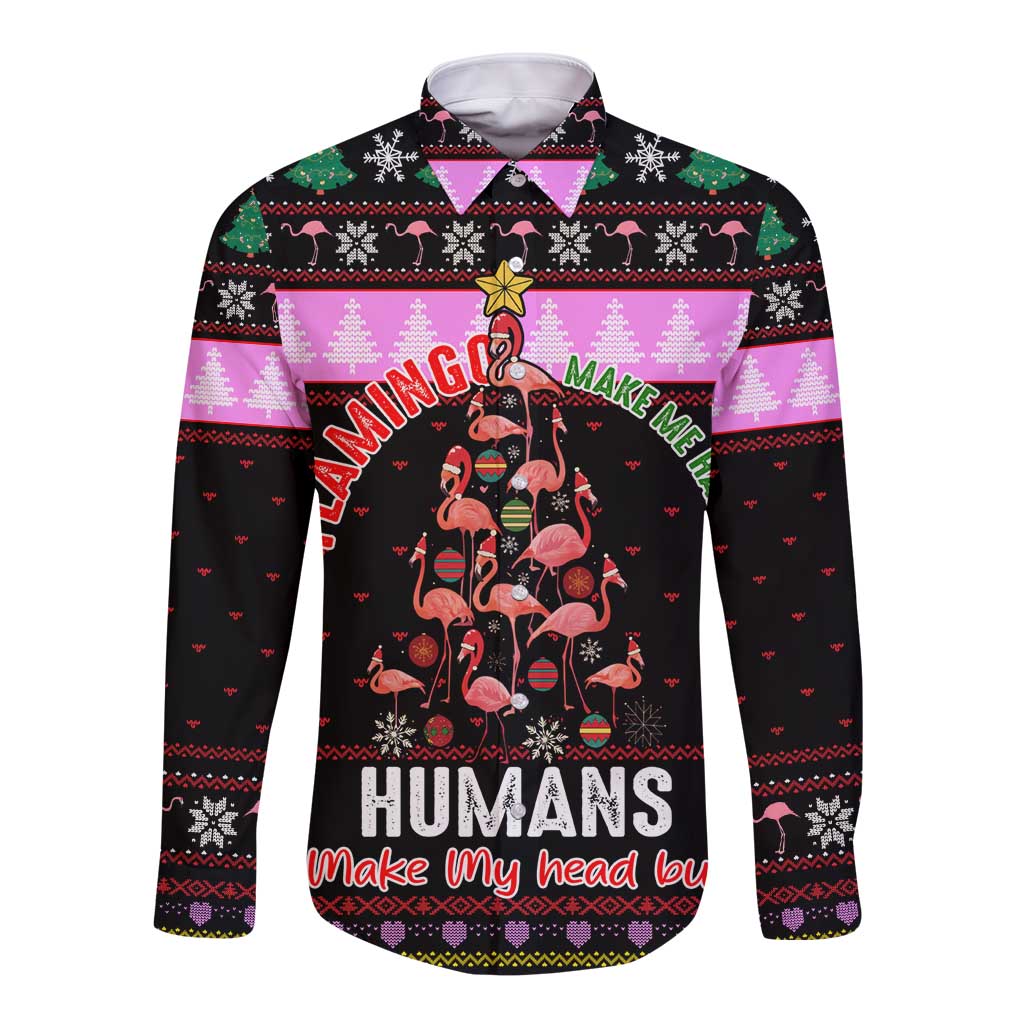 Flamingo Make Me Happy Christmas Long Sleeve Button Shirt Funny Xmas Holiday Patterns - Wonder Print Shop