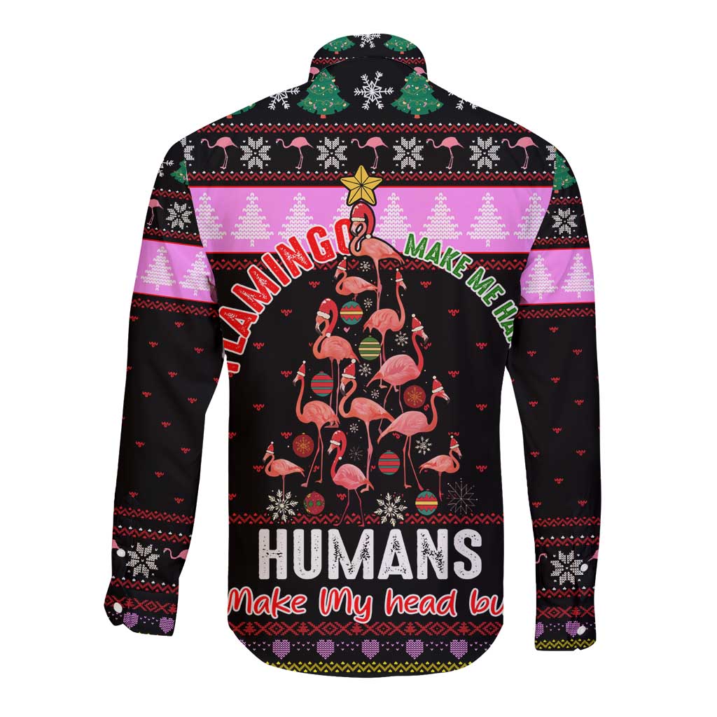 Flamingo Make Me Happy Christmas Long Sleeve Button Shirt Funny Xmas Holiday Patterns - Wonder Print Shop