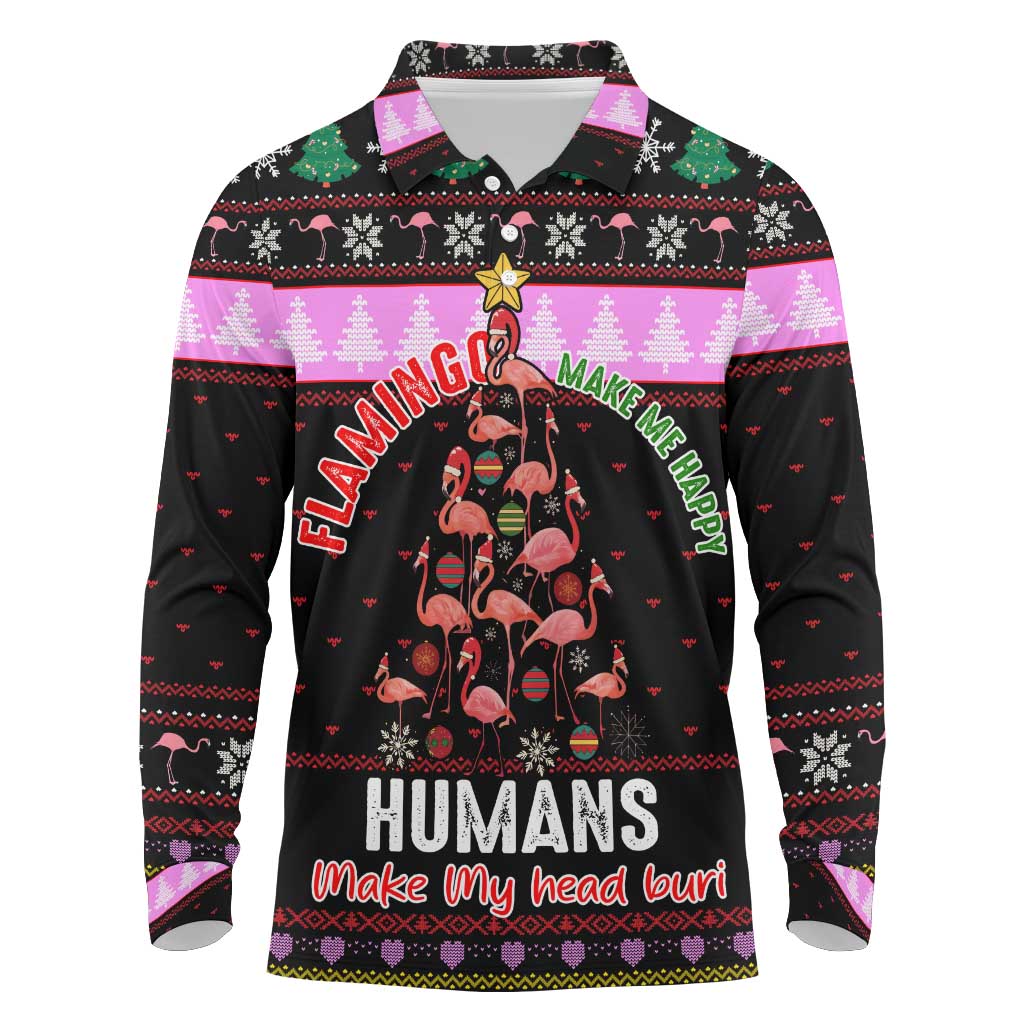 Flamingo Make Me Happy Christmas Long Sleeve Polo Shirt Funny Xmas Holiday Patterns - Wonder Print Shop