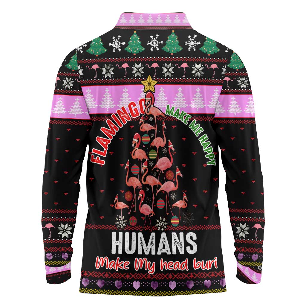 Flamingo Make Me Happy Christmas Long Sleeve Polo Shirt Funny Xmas Holiday Patterns - Wonder Print Shop