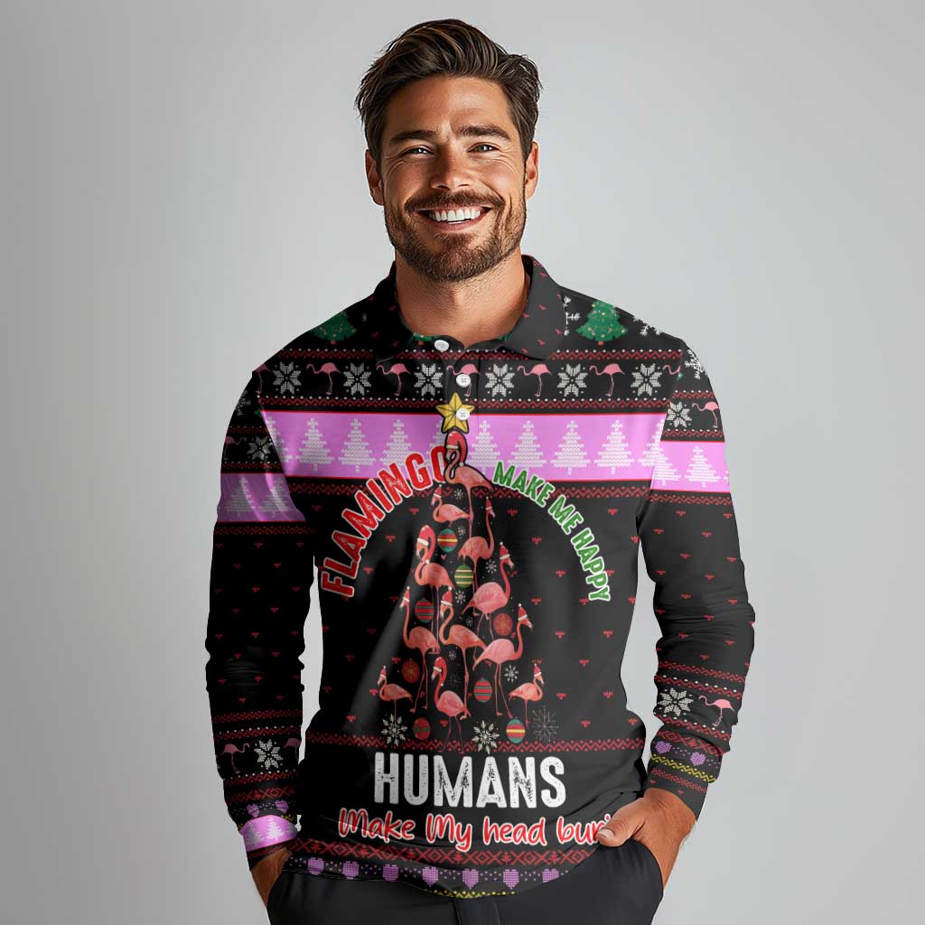 Flamingo Make Me Happy Christmas Long Sleeve Polo Shirt Funny Xmas Holiday Patterns - Wonder Print Shop