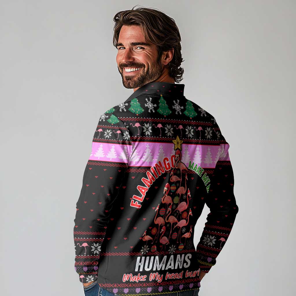 Flamingo Make Me Happy Christmas Long Sleeve Polo Shirt Funny Xmas Holiday Patterns - Wonder Print Shop