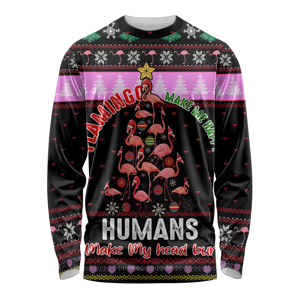 Flamingo Make Me Happy Christmas Long Sleeve Shirt Funny Xmas Holiday Patterns - Wonder Print Shop