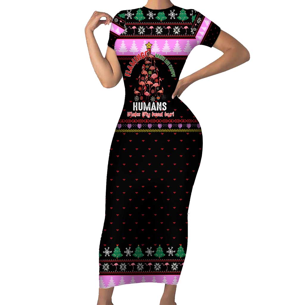 Flamingo Make Me Happy Christmas Short Sleeve Bodycon Dress Funny Xmas Holiday Patterns - Wonder Print Shop