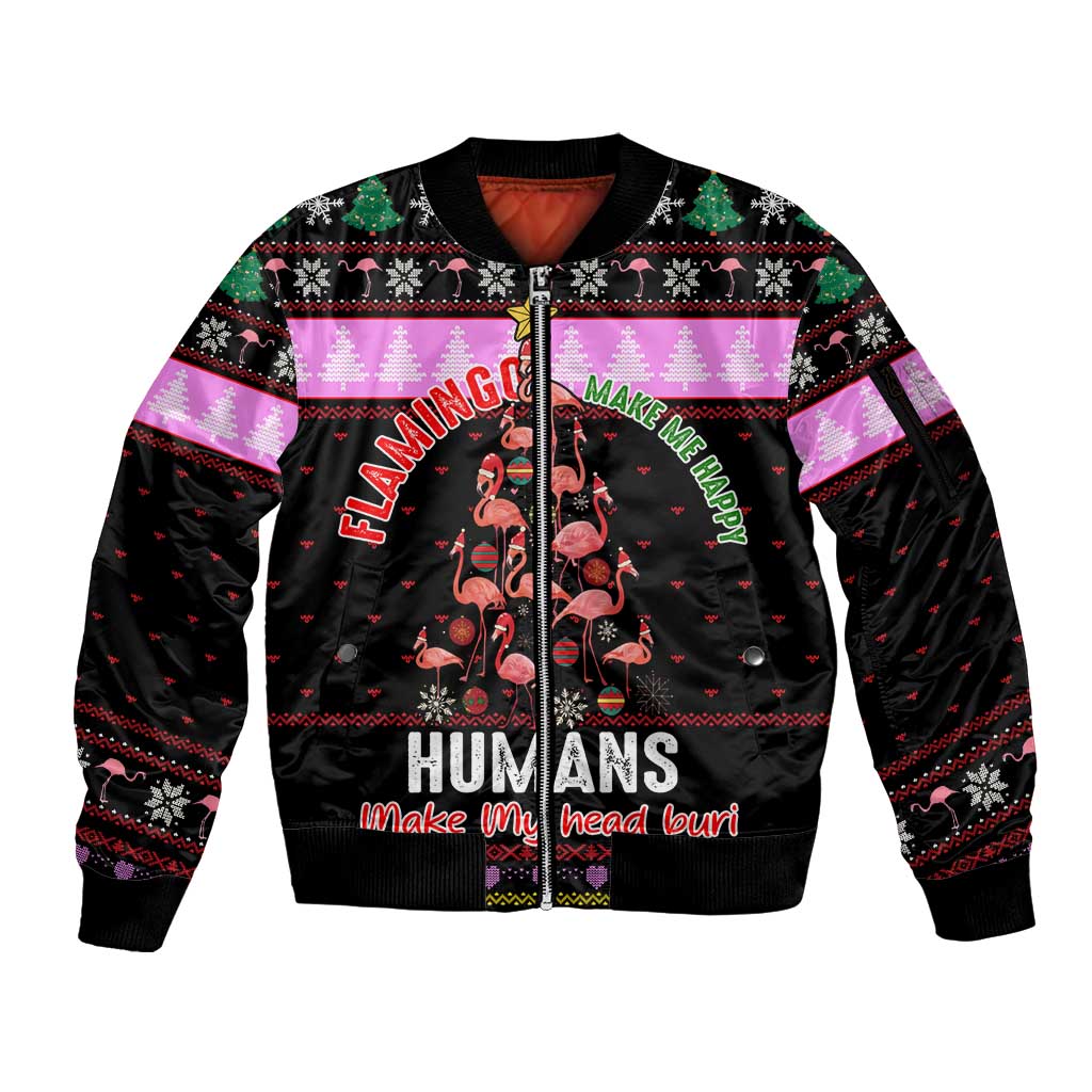 Flamingo Make Me Happy Christmas Sleeve Zip Bomber Jacket Funny Xmas Holiday Patterns - Wonder Print Shop