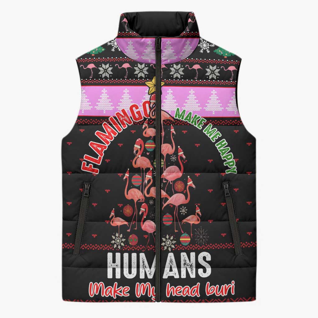 Flamingo Make Me Happy Christmas Sleeveless Puffer Jacket Funny Xmas Holiday Patterns - Wonder Print Shop