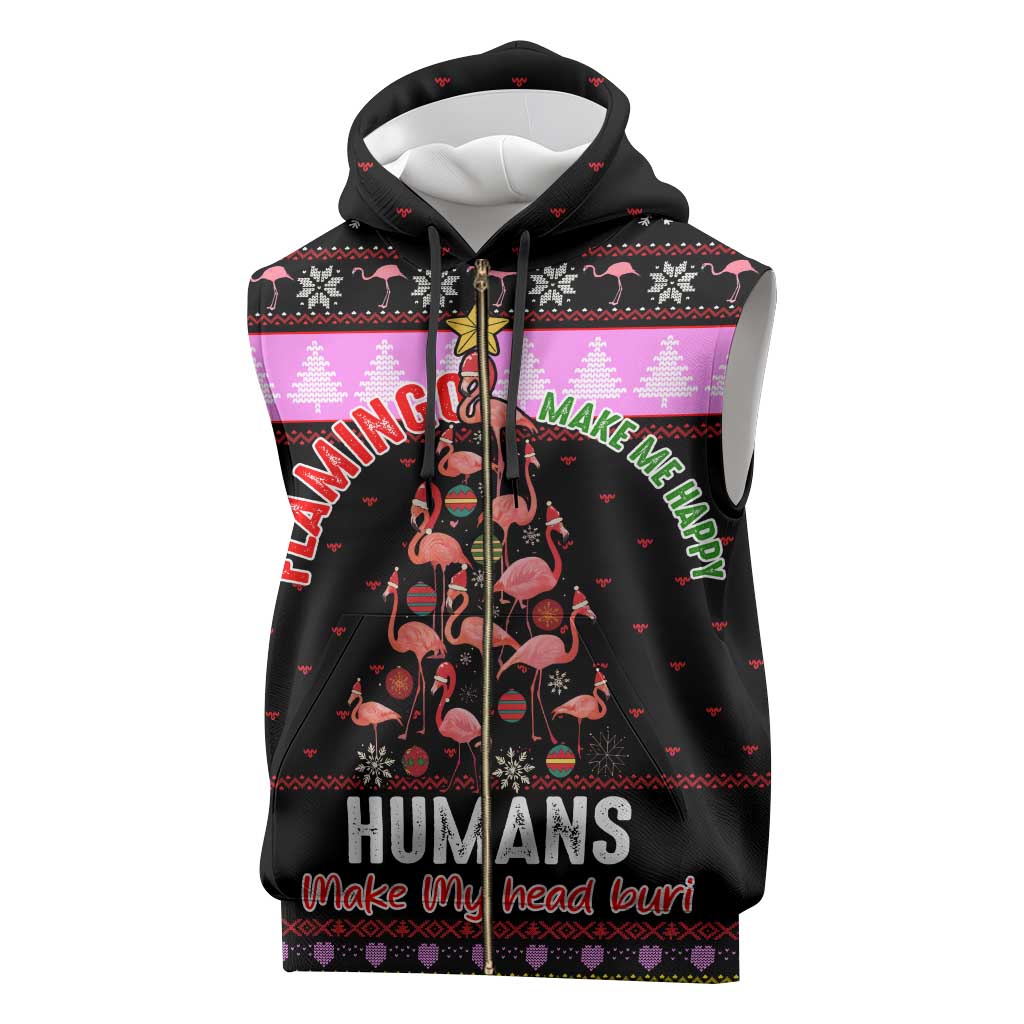 Flamingo Make Me Happy Christmas Sleeveless Zip Hoodie Funny Xmas Holiday Patterns - Wonder Print Shop