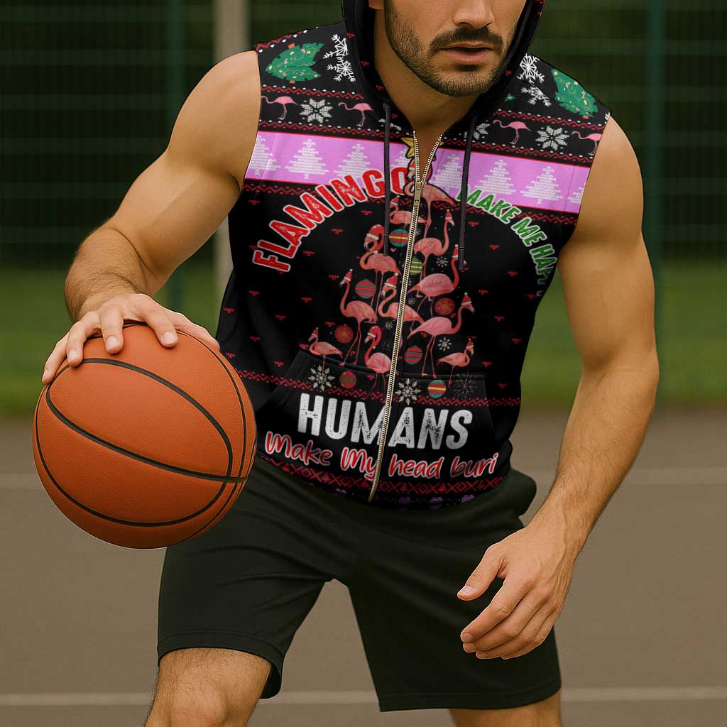 Flamingo Make Me Happy Christmas Sleeveless Zip Hoodie Funny Xmas Holiday Patterns - Wonder Print Shop