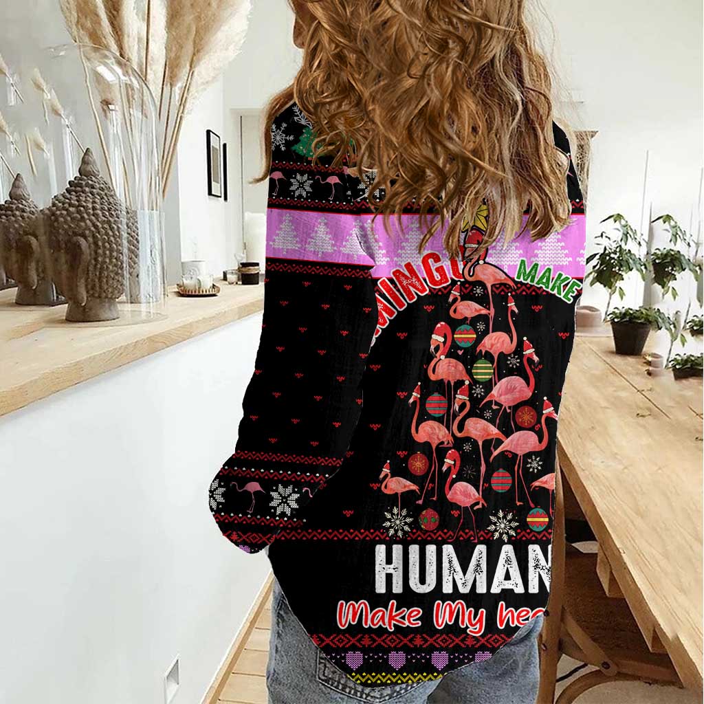 Flamingo Make Me Happy Christmas Women Casual Shirt Funny Xmas Holiday Patterns - Wonder Print Shop