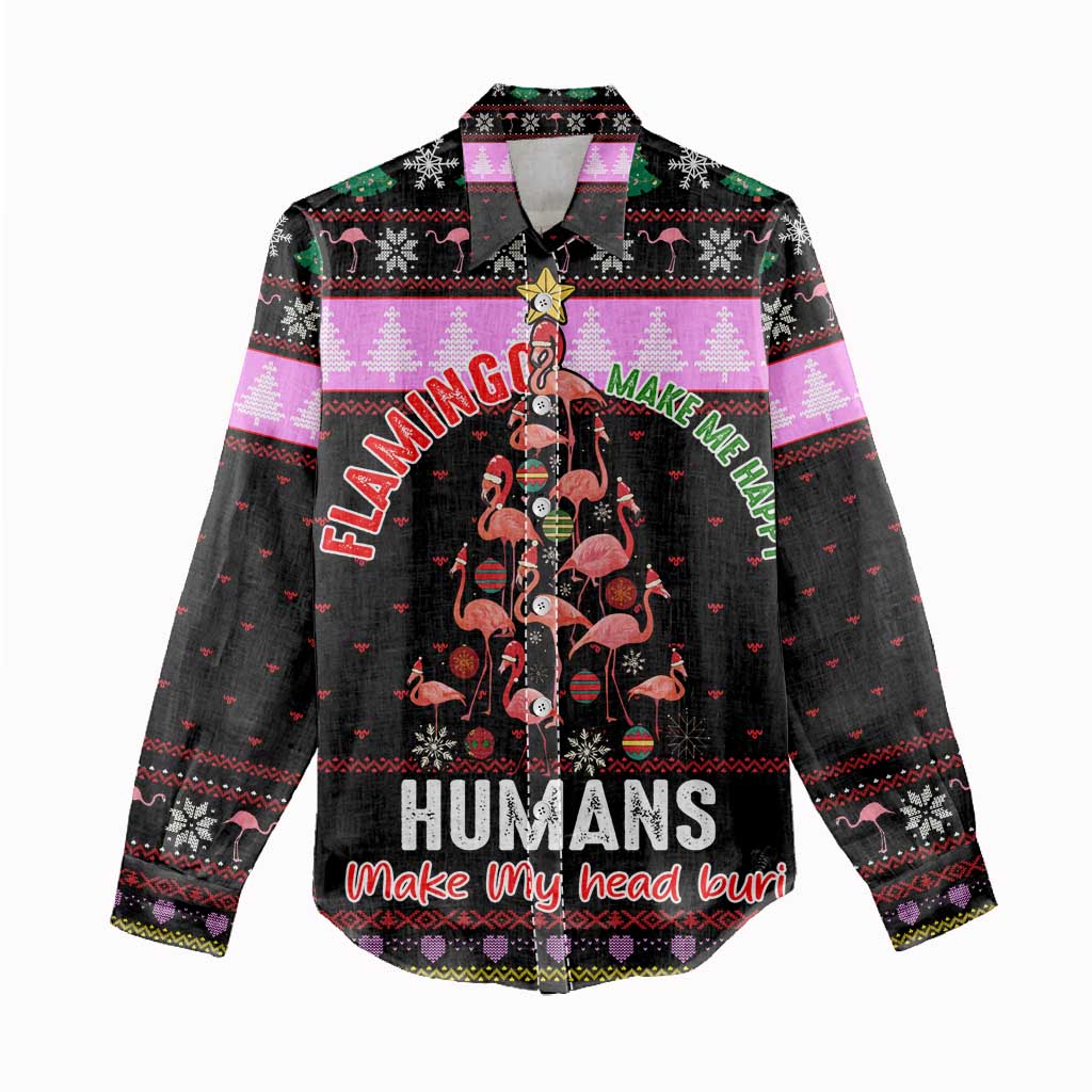 Flamingo Make Me Happy Christmas Women Casual Shirt Funny Xmas Holiday Patterns - Wonder Print Shop