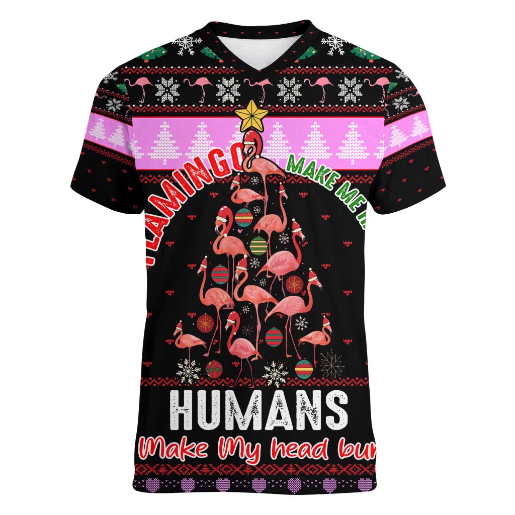 Flamingo Make Me Happy Christmas Women V-Neck T-Shirt Funny Xmas Holiday Patterns - Wonder Print Shop