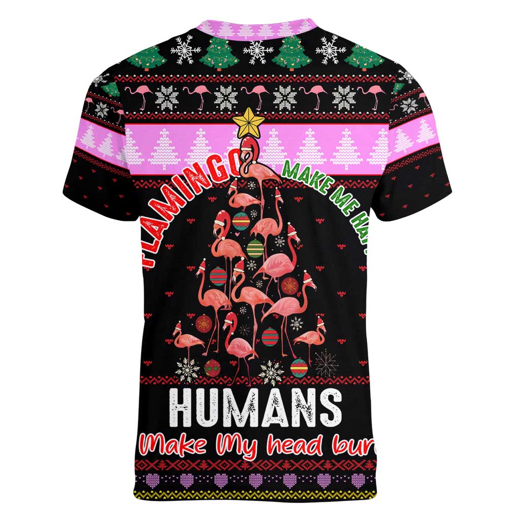 Flamingo Make Me Happy Christmas Women V-Neck T-Shirt Funny Xmas Holiday Patterns - Wonder Print Shop