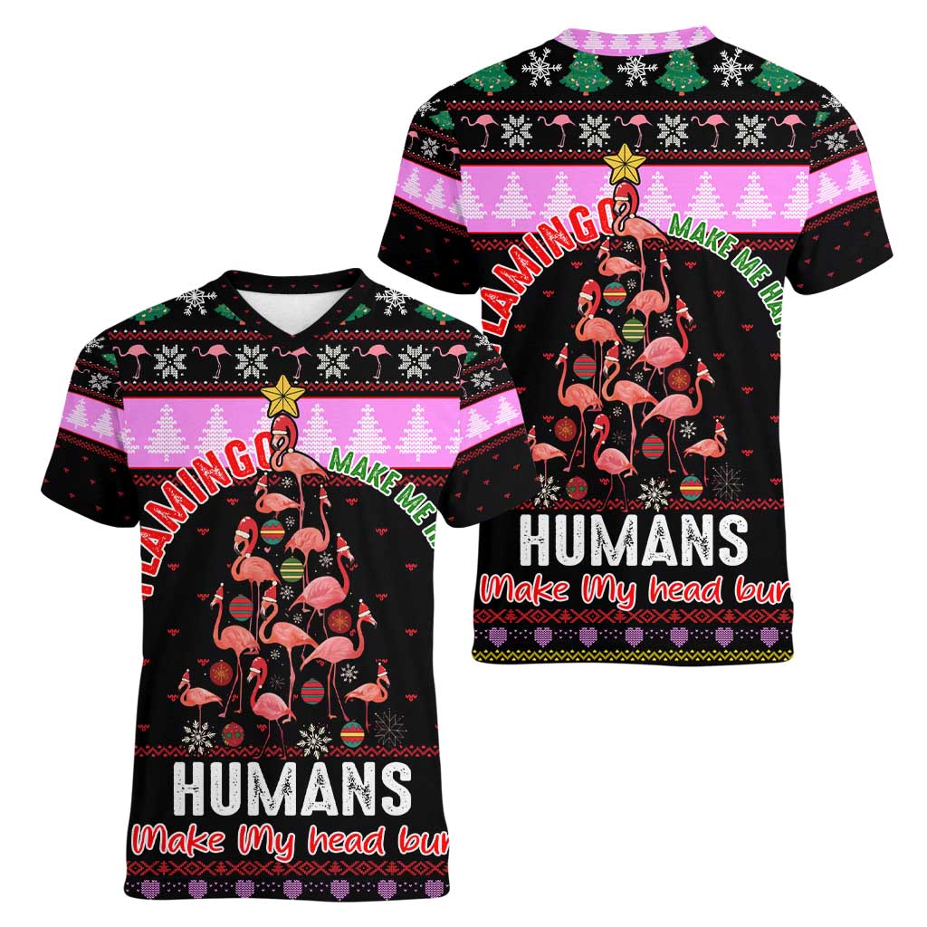 Flamingo Make Me Happy Christmas Women V-Neck T-Shirt Funny Xmas Holiday Patterns - Wonder Print Shop