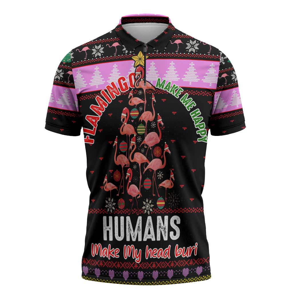 Flamingo Make Me Happy Christmas Zipper Polo Shirt Funny Xmas Holiday Patterns - Wonder Print Shop
