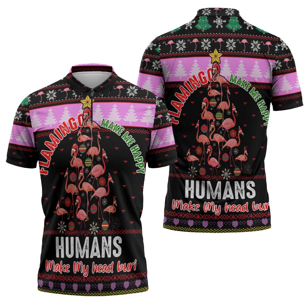 Flamingo Make Me Happy Christmas Zipper Polo Shirt Funny Xmas Holiday Patterns - Wonder Print Shop